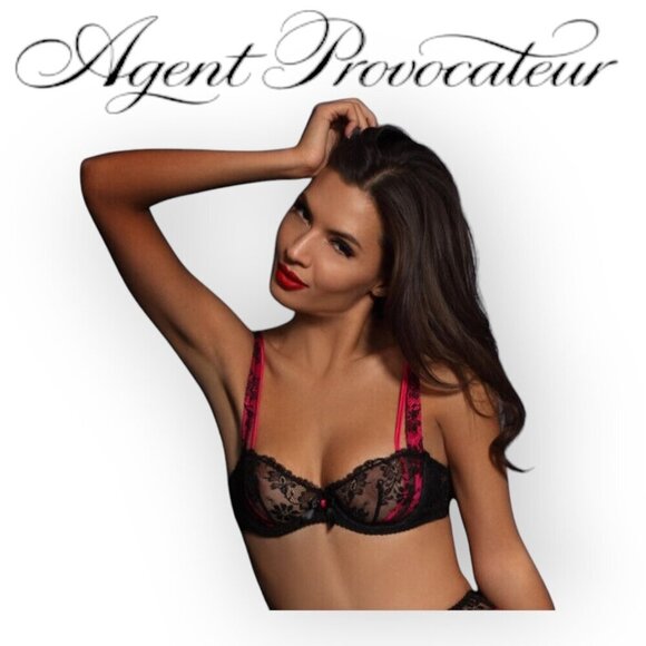 Agent Provocateur Maddy Balconette Bra Fuchsia Black Lace Silk Satin 34C - Picture 1 of 15